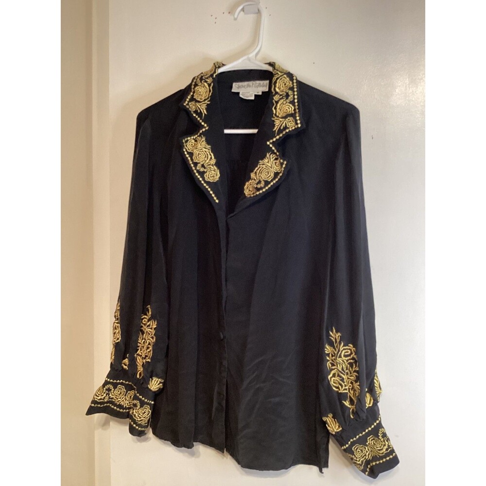 Diane Von Furstenberg Black Blouse with Gold Embroidery